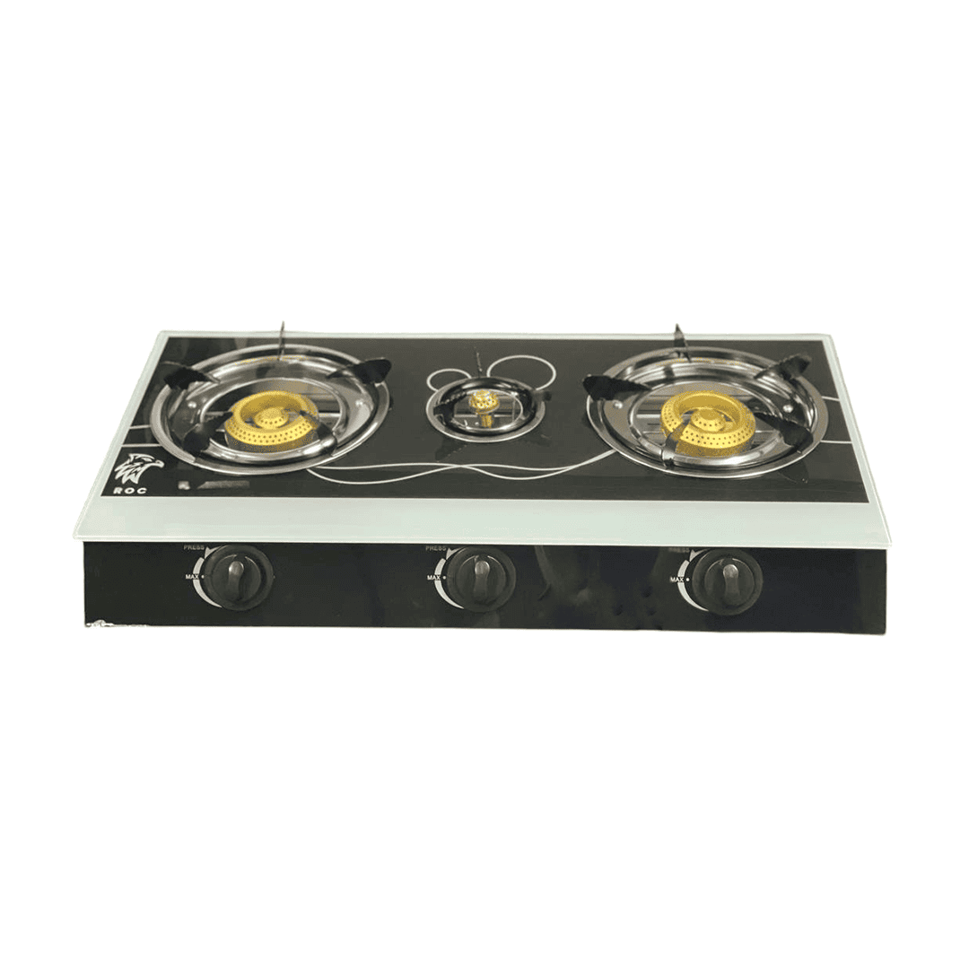 COCINA ROC GS240522 A GAS TOPE DE VIDRIO 3 HORN NEGRA